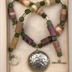 Handmade see urchin in forest serpentine beaded necklace. With pewter pendant